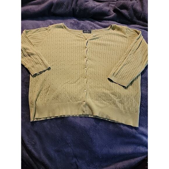 Eddie Bauer Green Cable Knit Cardigan Button‎ Stretch Pima Cotton Sweater Large - Picture 1 of 5
